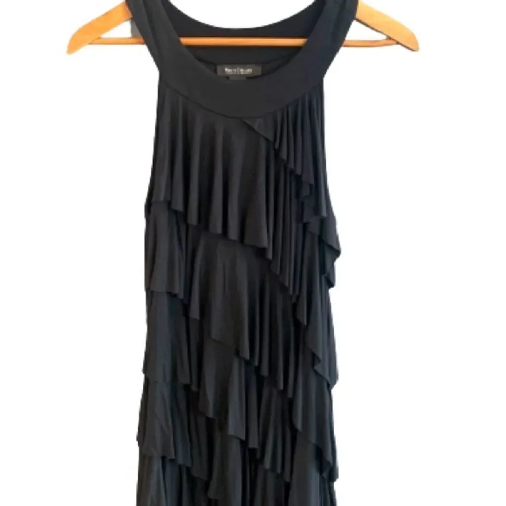 White House Black Market XS Black Dress Diagonal Tiered Ruffles Flapper WHBM